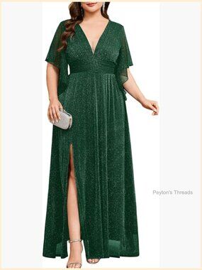 Plus Size Sparkly Formal Maxi Dress Deep V-Neck Glitter Mesh with Slit